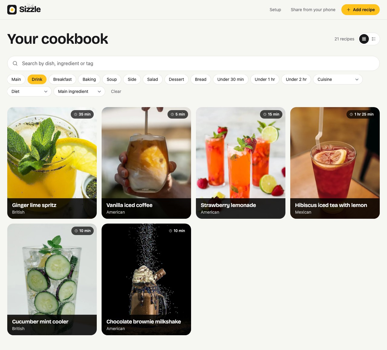 Sizzle’s cookbook with a recipe search, course filters and a photo gallery of drinks.