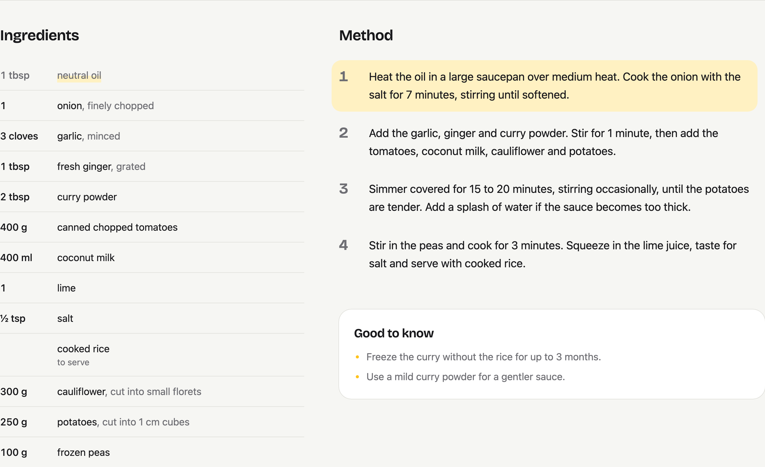 A close-up of the real Ingredients and Method sections: neutral oil is checked off and the first step is highlighted in yellow.