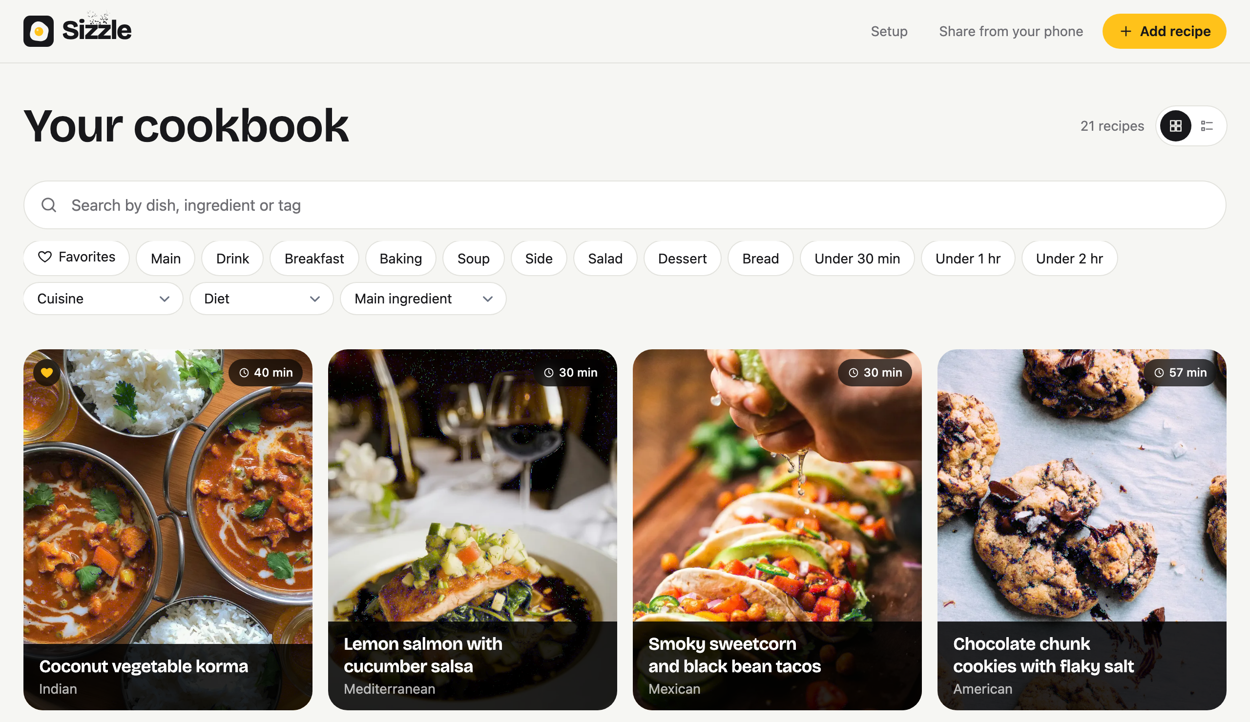 Sizzle’s photo grid, with recipe search, Favorites, course filters, time filters and recipe photos.