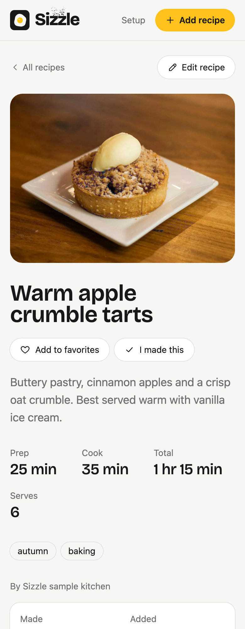 Warm apple crumble tarts in Sizzle.