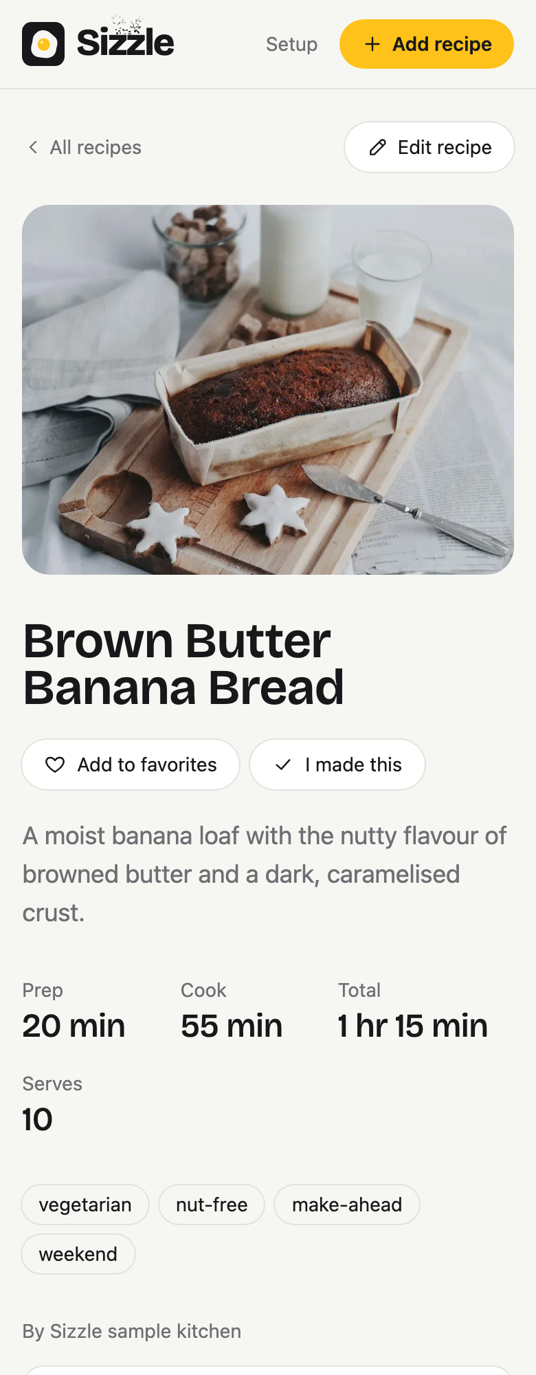 Brown butter banana bread in Sizzle.