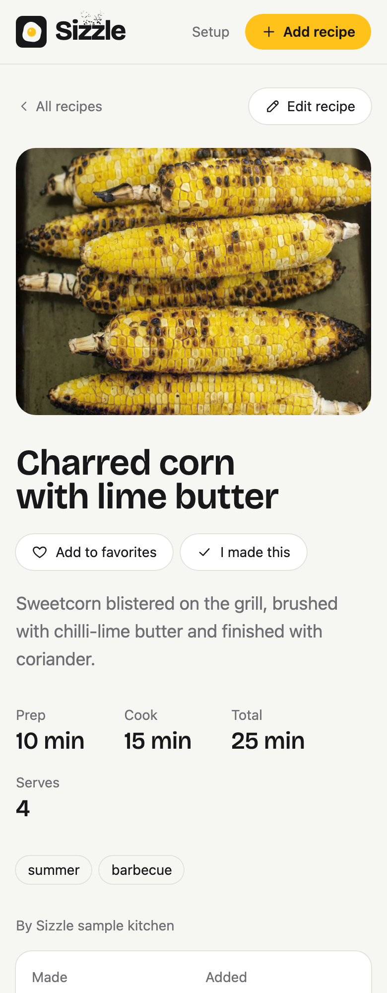 Charred corn with lime butter in Sizzle.