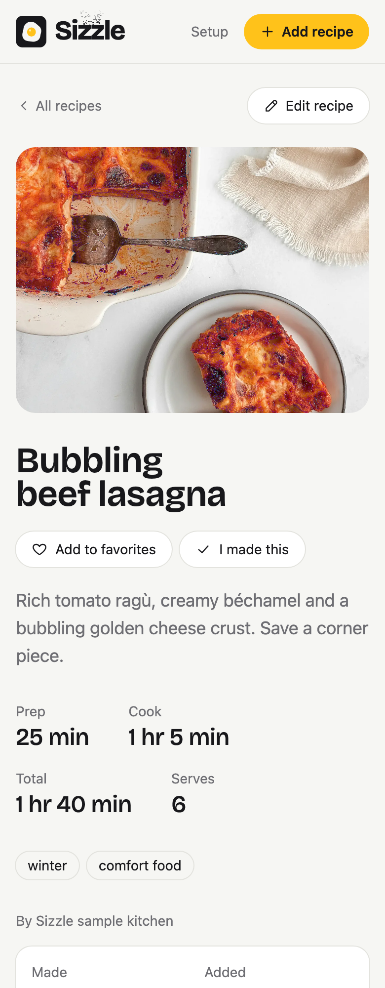 Bubbling beef lasagna in Sizzle.