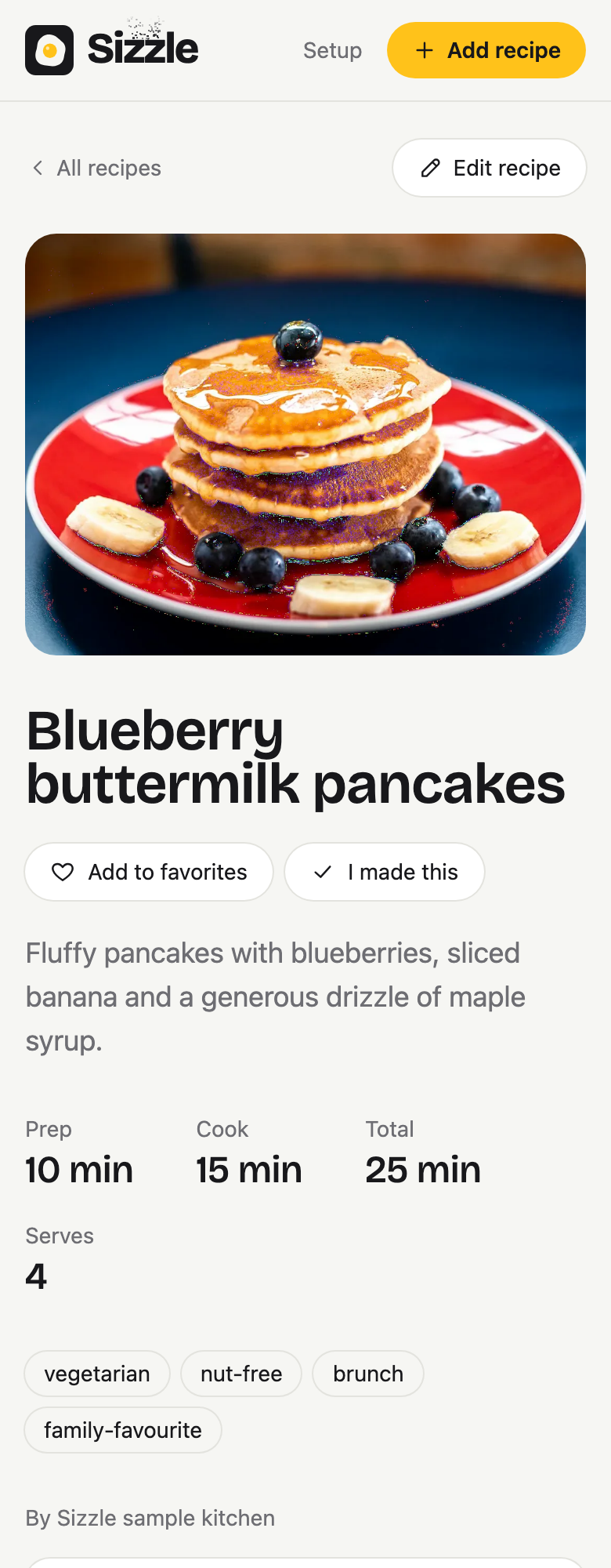 Blueberry buttermilk pancakes in Sizzle.