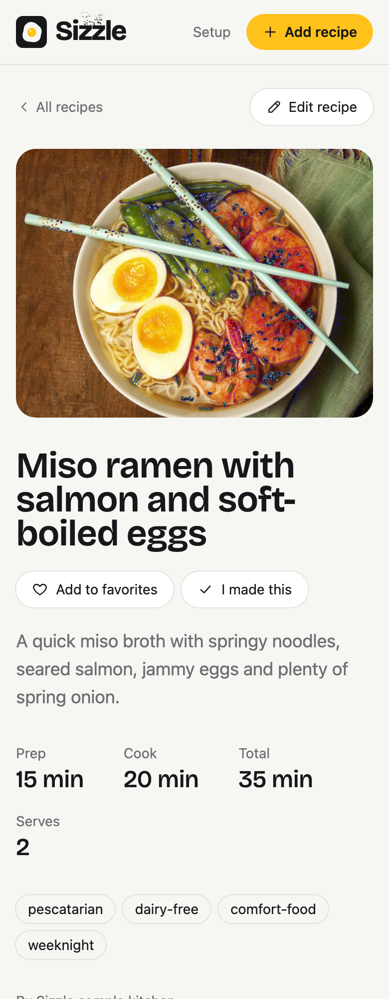 Miso ramen with salmon and soft-boiled eggs in Sizzle.