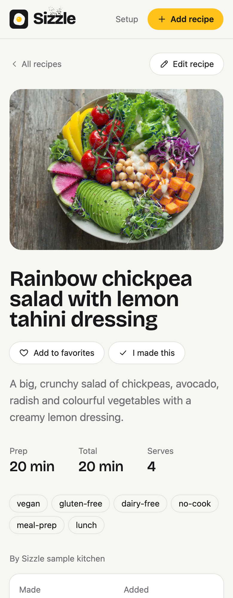 Rainbow chickpea salad with lemon tahini dressing in Sizzle.