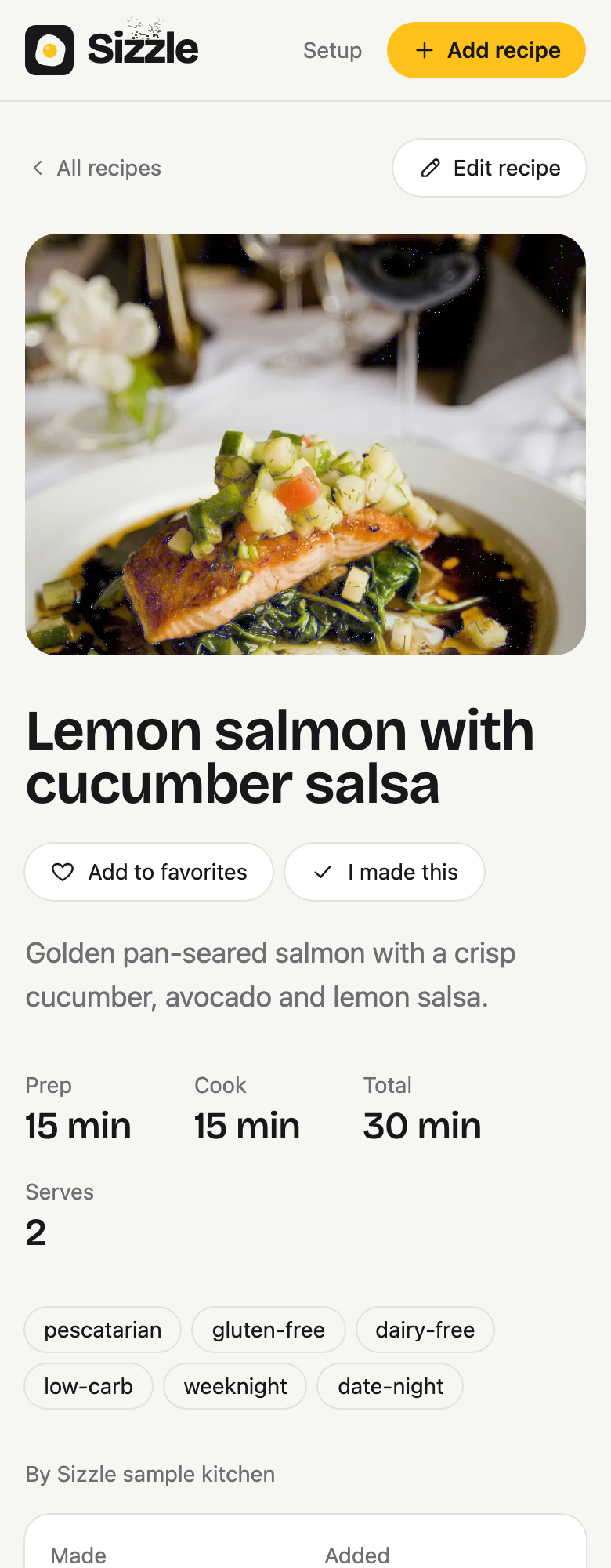 Lemon salmon with cucumber salsa in Sizzle.