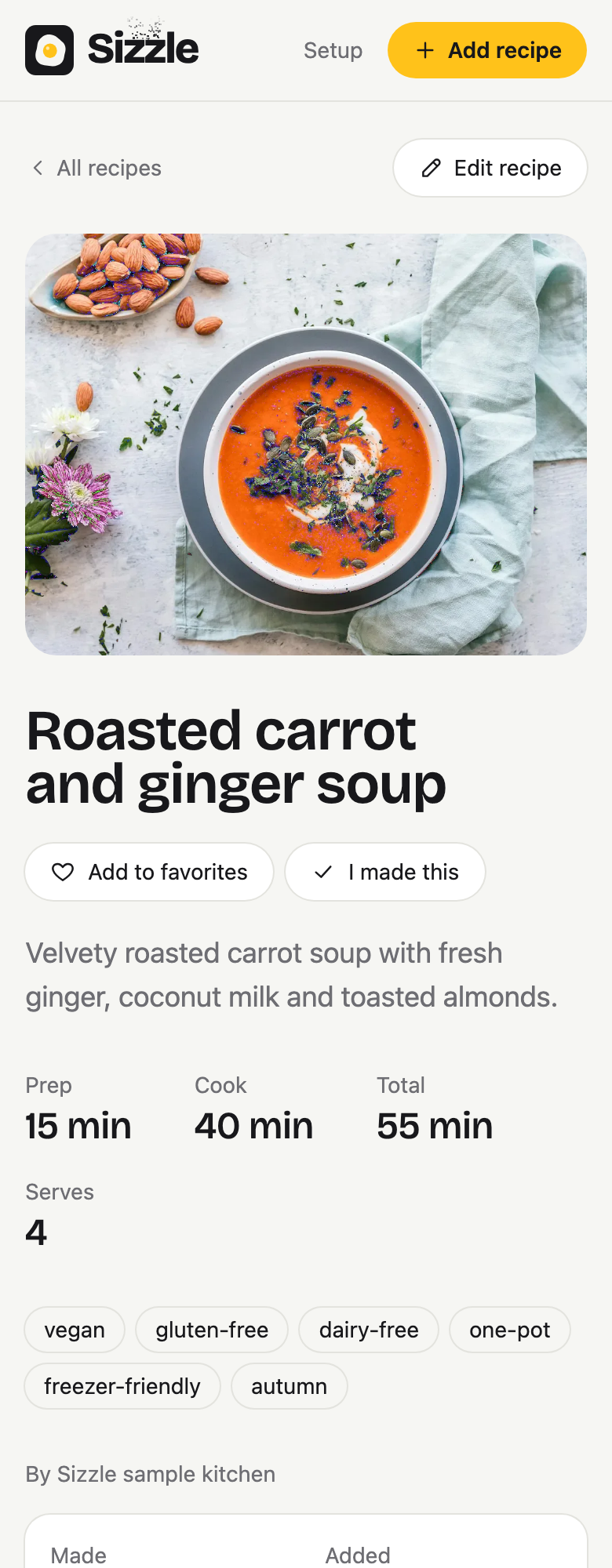 Roasted carrot and ginger soup in Sizzle, with its photo, description and cooking times.