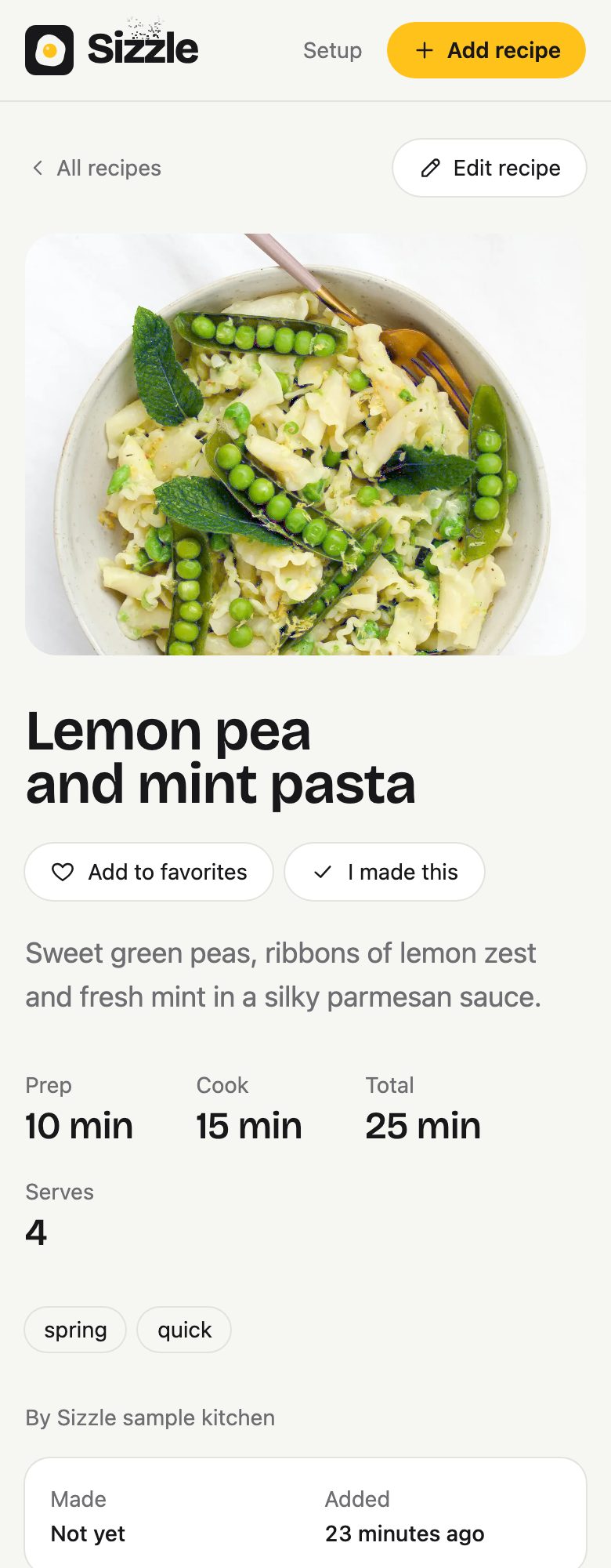 Lemon pea and mint pasta in Sizzle.