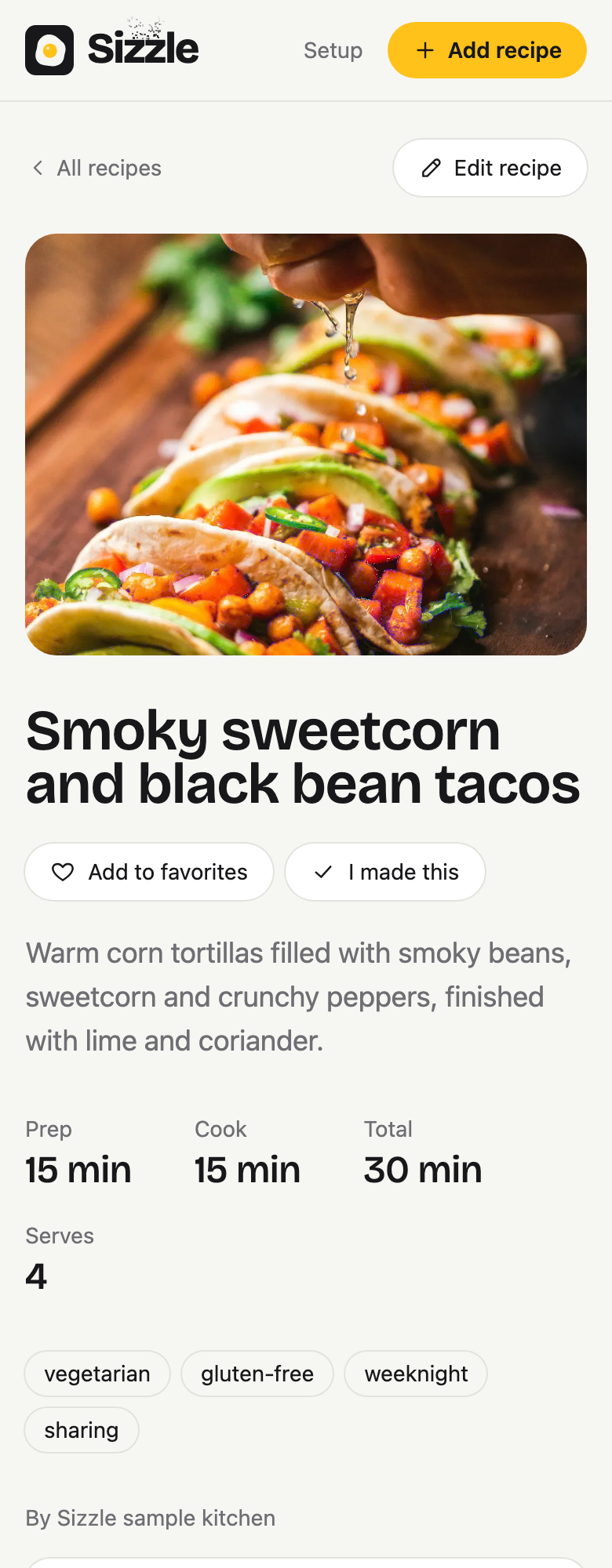 Smoky sweetcorn and black bean tacos in Sizzle.