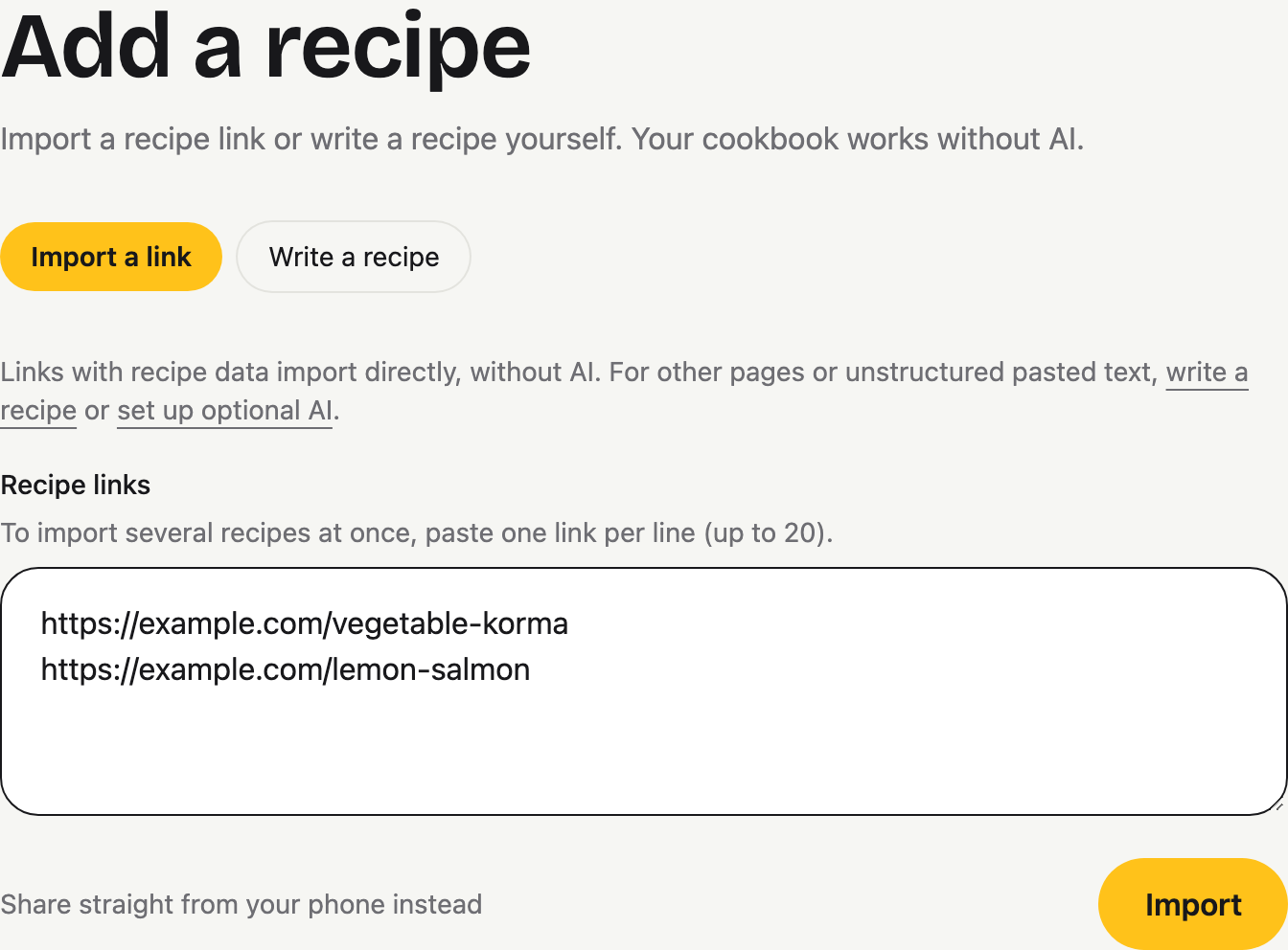 The real Add a recipe form with two example links, the Write a recipe tab, and the Import button.