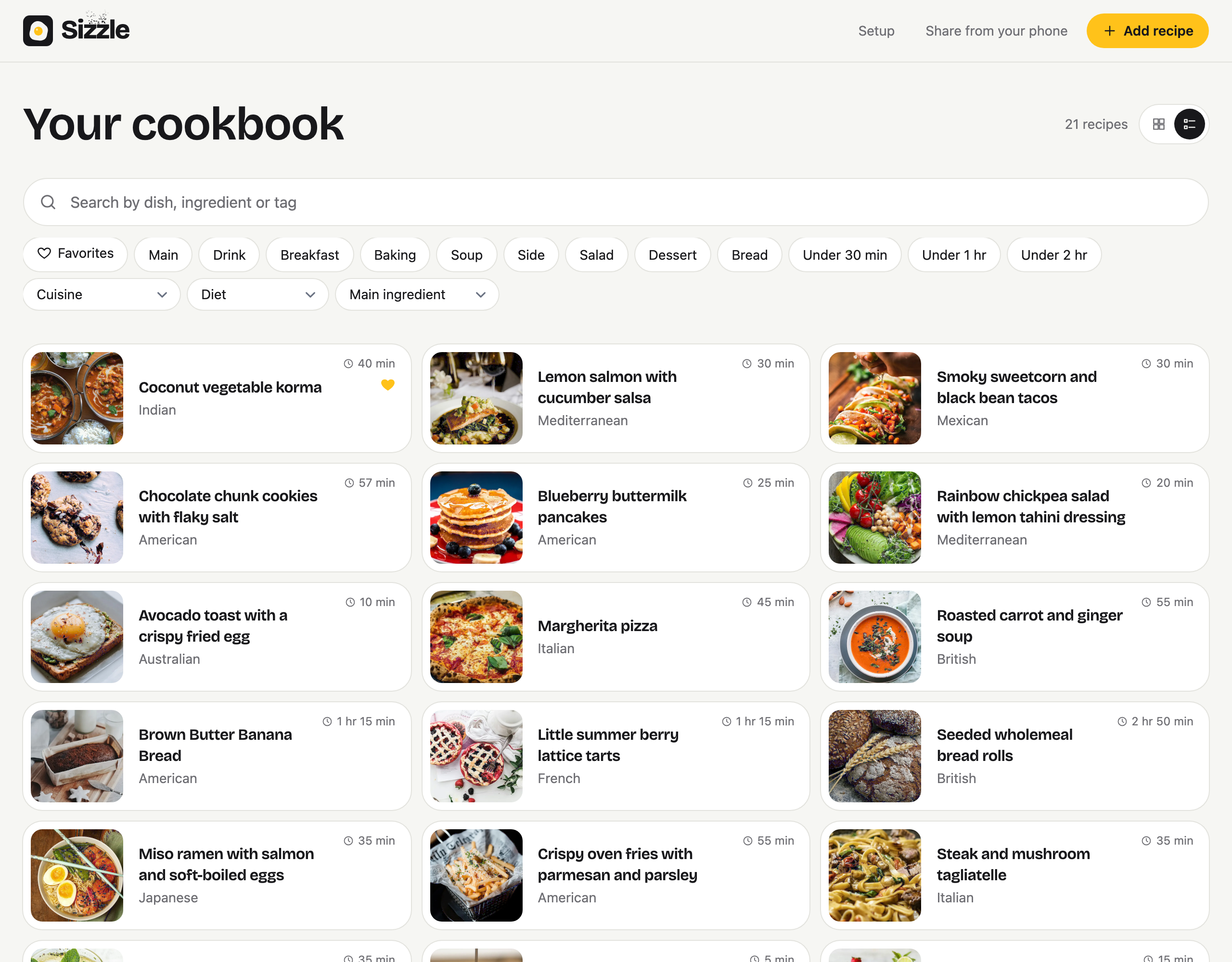 Compact list view showing recipe thumbnails, names, cuisines, cooking times and favorite markers.