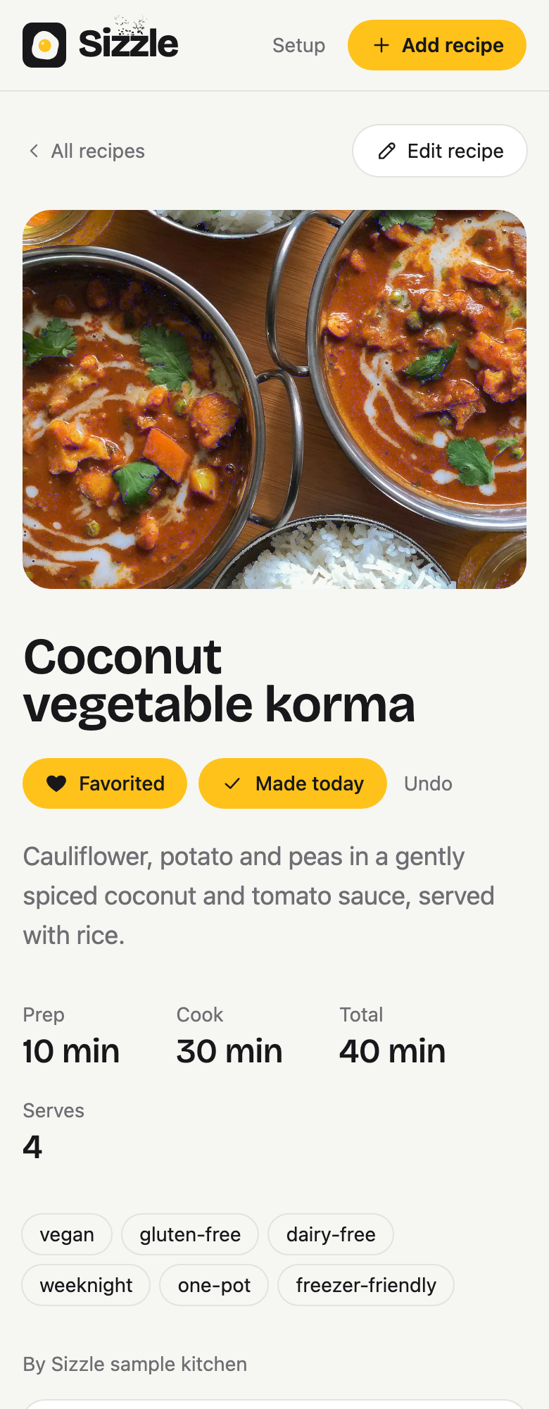 Coconut vegetable korma in Sizzle, with a recipe photo, favorite button and Made today status.